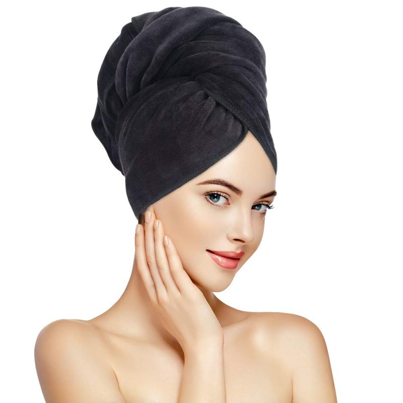 SUNLAND Microfiber Hair Towels Anti Frizz Hair Drying Towel Super Absorbent Fast Drying Turbans for Wet and Curly Soft Head Towel Wrap with Elastic Band 24 inch X 43 inch Black - Image 1